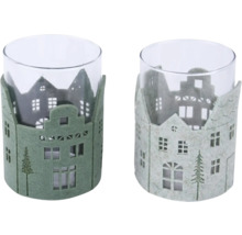 Dva sklenené držiaky na čajové sviečky s plsteným lemom v dizajne domu