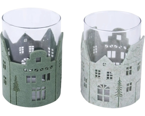 Svietnik s domčeky Dva sklenené držiaky na čajové sviečky s plsteným lemom v dizajne domu