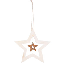 Dekoratívna drevená hviezda s menšou kovovou hviezdou na zavesenie