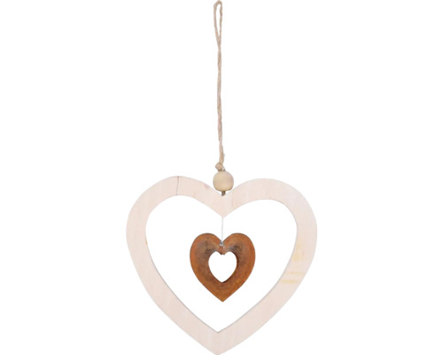 Vianočná ozdoba drevená srdce DUO hnedá Drevený prívesok v tvare srdca s menším srdcom vo vnútri, zavesený na šnúrke