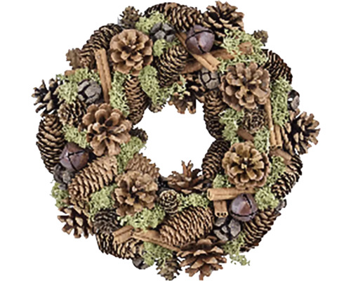 Vianočný veniec so šiškami prírodný Dekoratívny veniec z borovicových šišiek, machu, škorice a zvončekov