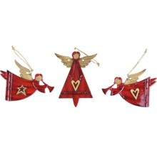 Tri drevené ozdoby na vianočný stromček, anjel s motívom srdca a hviezdy