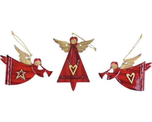 Záves anjel s rúrkou červený Tri drevené ozdoby na vianočný stromček, anjel s motívom srdca a hviezdy