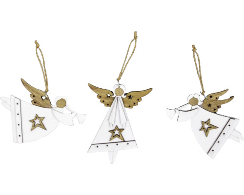 Anjel závesný s rúrkou 10 x 10 x 0,5 cm biely Traja anjeli z drevených vianočných ozdôb s hviezdou