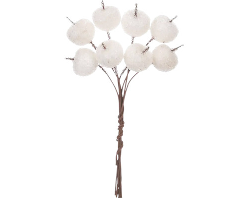 Jabĺčka mini zamrznuté 10 cm biele Dekoratívna vetva s umelými bielymi bobuľami