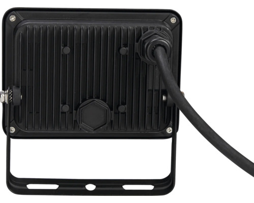 Zadný pohľad na LED reflektor s chladiacimi rebrami a káblom