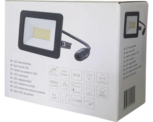 Balenie LED nástenného reflektora s technickými detailmi ako lúmen, výkon a stupeň krytia