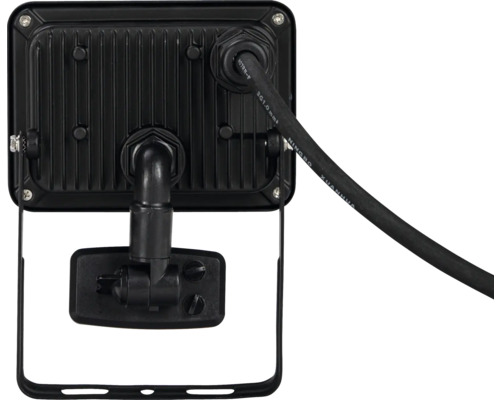 Pohľad zozadu na LED reflektor s káblom a montážnou konzolou