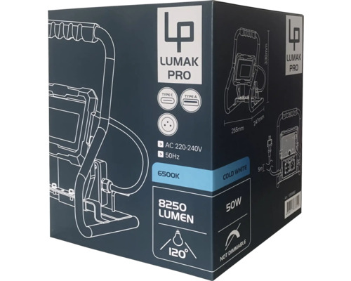 Balenie studenej bielej pracovnej lampy Lumak Pro s 8250 lúmenmi a 50 wattmi