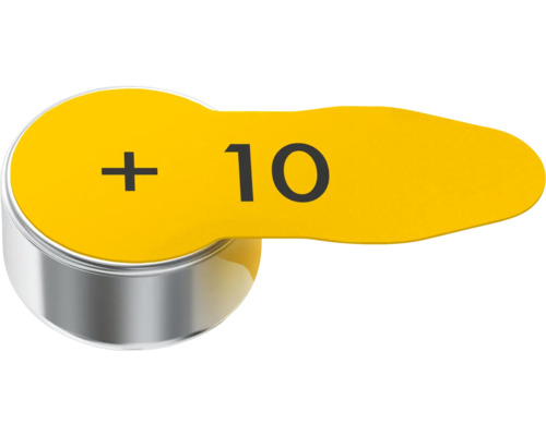 Gombíková batéria so žltou nálepkou a znakom plus a číslom 10