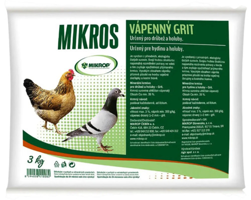 Minerálne krmivo Mikros vápenný grit pre hydinu a holuby 3 kg Mikros vápenatý grit pre hydinu a holuby v trojkilogramovom balení