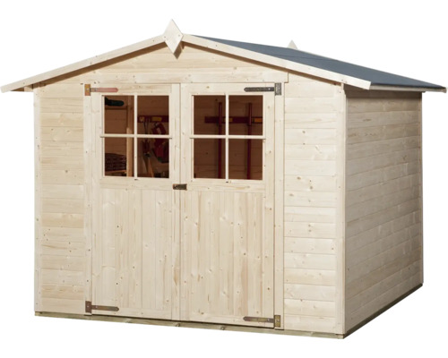 Záhradný domček z dreva s dvojkrídlovými dverami a oknami