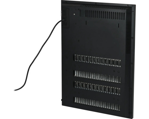 Zadný pohľad na elektrický vykurovací panel s vetracími otvormi a napájacím káblom.