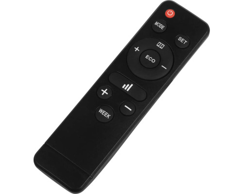 Čierne diaľkové ovládanie s rôznymi tlačidlami.