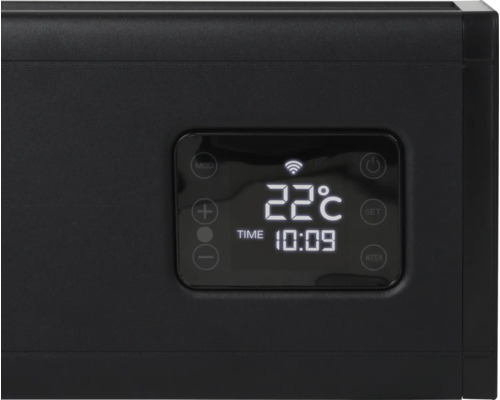 Čierny termostat s digitálnym zobrazením teploty a času