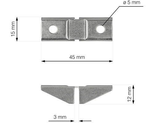 Kovový konektor s rozmermi 45 krát 15 milimetrov a priemerom otvoru 5 milimetrov