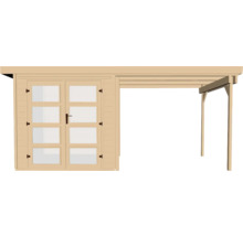 Drevený záhradný domček s dvojkrídlovými dverami a verandou