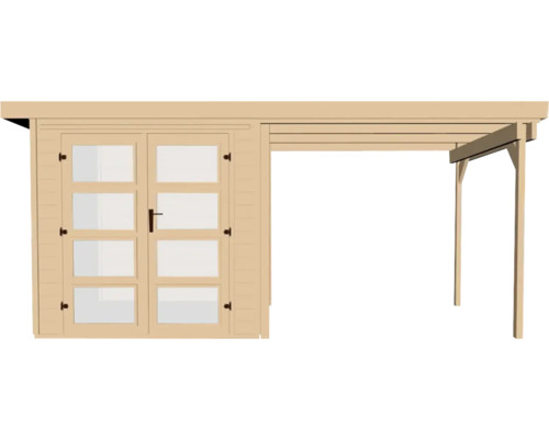 Drevený záhradný domček s dvojkrídlovými dverami a verandou