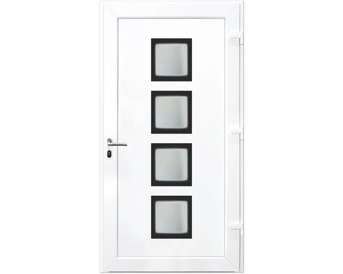 Biele vchodové dvere so štyrmi štvorcovými sklenenými vložkami