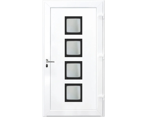 Biele vchodové dvere so štyrmi štvorcovými sklenenými výplňami