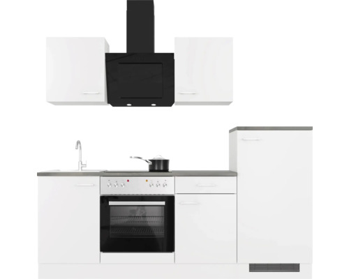 Kuchynská linka so závesnými skrinkami, digestorom, drezom, sporákom s rúrou a chladničkou