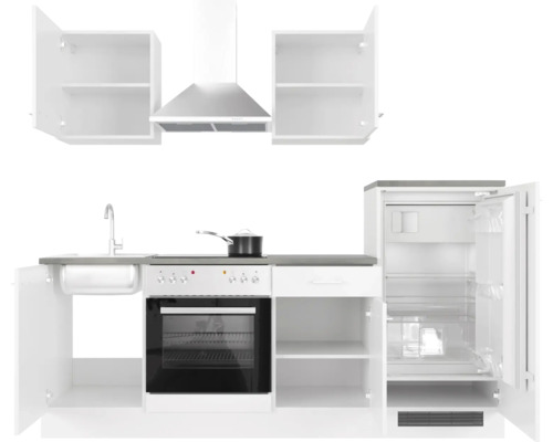 Kuchynská linka s drezom, sporákom, digestorom a chladničkou