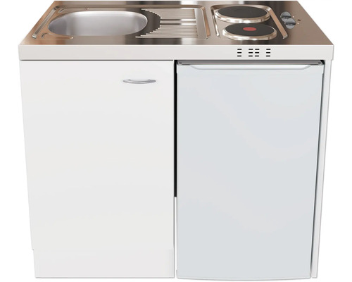 Kompaktná kuchynská linka s drezom, varnou doskou a chladničkou v bielej farbe