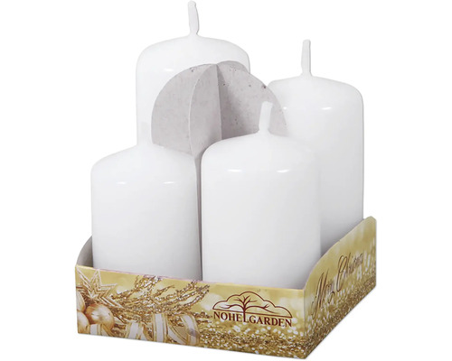Adventné sviečky stupňovité lakované Ø 4 x 6/7/8/9 cm 4 ks biele Štyri biele stĺpové sviečky v balení