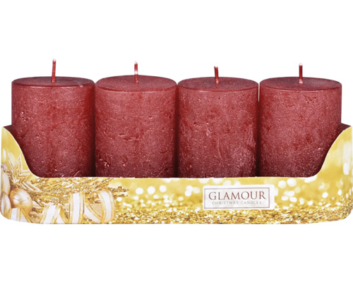 Adventná sviečka rustikálna metalická Ø 5 x 8 cm 4 ks červená Štyri sviečky v zlatom balení na Vianoce.