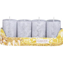 Štyri strieborné stĺpové sviečky na adventné dekorácie