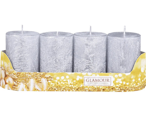 Adventná sviečka rustikálna metalická Ø 5 x 8 cm 4 ks strieborná Štyri strieborné stĺpové sviečky na adventné dekorácie