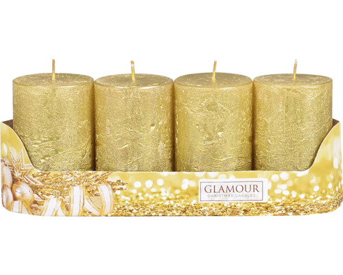 Adventná sviečka rustikálna metalická Ø 5 x 8 cm 4 ks zlatá Štyri valcové sviečky v krabici