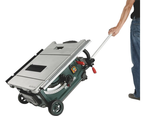 Stolová kotúčová píla Metabo s kolieskami a ťažnou tyčou pre jednoduchú prepravu