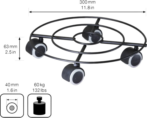 Podstavec na kolieskach s tromi kolieskami, priemer 300 mm, nosnosť 60 kg