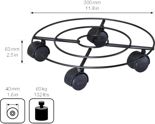 Kvetinový vozík z kovu, priemer 300 milimetrov, s maximálnou nosnosťou 60 kilogramov