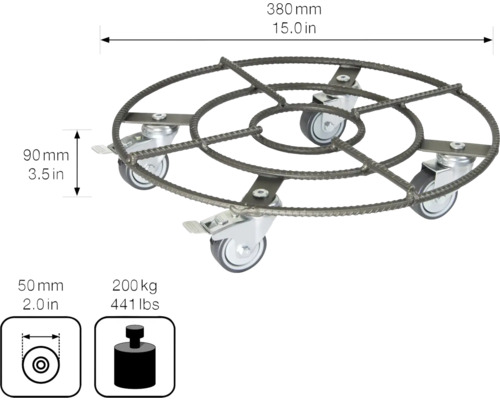 Oceľová podložka s kolieskami so štyrmi kolieskami, priemer 380 mm