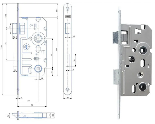 Technický nákres a fotografia dverového zámku