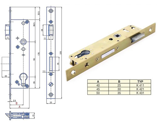 Zadlabací zámok s technickým nákresom a rozmermi