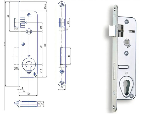 Nákres zadlabacieho zámku s rozmermi.