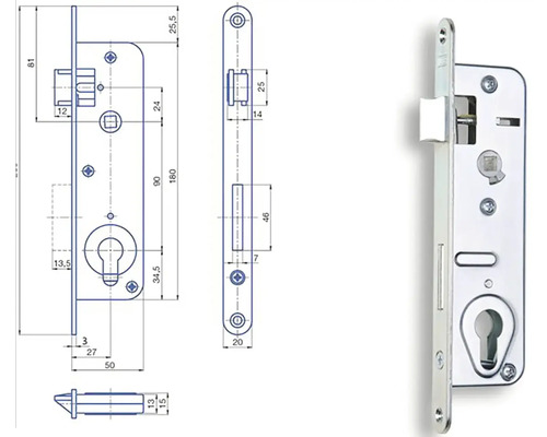 Obrázok zadlabacieho zámku s rozmermi.
