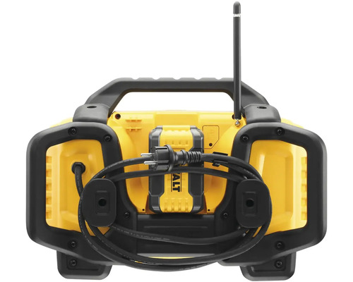 Stavebné rádio DeWalt, pohľad zozadu s anténou a navíjačom kábla