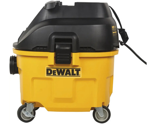 Logo DeWalt na žltom vysávači na mokré a suché vysávanie s kolieskami