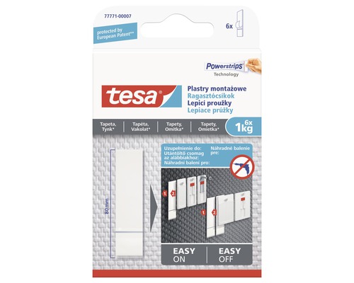 Tesa lepiace prúžky na tapety a omietku 6ks, 1kg Lepiace prúžky Tesa Powerstrips na zavesenie predmetov do jedného kilogramu, šesť kusov