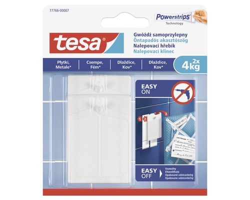 Tesa nalepovací klinec na dlaždice a kov 2ks, 4kg Samolepiaci klinec Tesa Powerstrips Technology pre dlaždice a kov, 2 kusy
