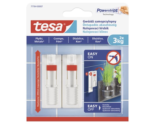 Tesa nastaviteľný nalepovací klinec na dlaždice a kov 2ks, 3kg Tesa Powerstrips Technology samolepiaci klinec na upevnenie na dlaždice a kov, nosnosť 3 kilogramy