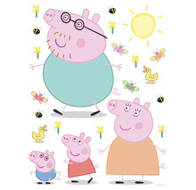 Ilustrácia rodiny Peppy Pig so slnkom, kvetmi, motýľmi a včelami