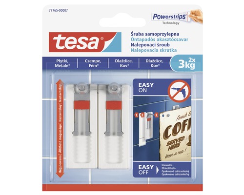 Tesa nastaviteľná nalepovacia skrutka na dlaždice a kov 2ks, 3kg Lepiace skrutky Tesa na upevnenie predmetov bez vŕtania