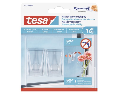 Tesa samolepiaci transparentný dekoračný háčik na sklo 2ks, 1kg Tesa lepiace háčiky na priehľadné upevnenie na sklo, 2 kusy