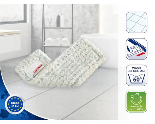 Logo Leifheit. Návlek na mop v kúpeľni so symbolmi pre dlaždicovú podlahu, vhodný pre mopovací systém, prateľný na 60 stupňov a až 400-krát znovu použiteľný a tiež pečať Vyrobené v EÚ.