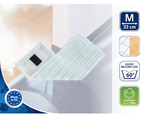 Mop s rozmermi stredný, 33 centimetrov. Možno prať do 60 stupňov. Vhodné pre rôzne typy podláh. Možno prať až 200-krát. Vyrobené v EÚ.
